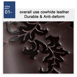 Detailed close-up of dark brown crazy horse leather with embossed leaf pattern texture