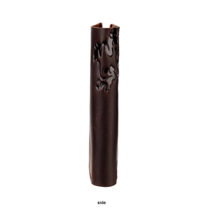 Detail view of a vintage dark brown leather case featuring a carved dragon pattern design