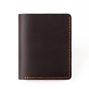 Detail view of deep brown crazy horse leather wallet with contrast handmade stitching