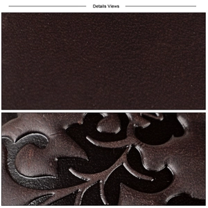 Macro detail of vintage floral embossing on high-quality dark brown leather wallet