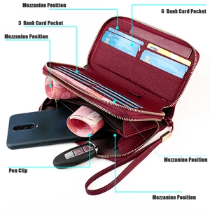 Detail view of burgundy leather wallet showing RFID card slots and phone compartment