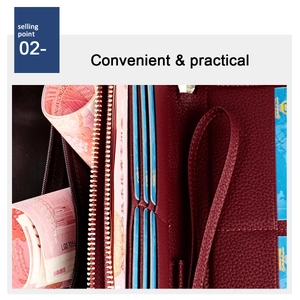 Detail of burgundy leather RFID wallet showing card slots and zipper compartment