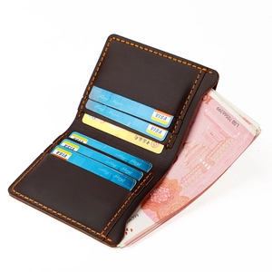 Vintage dark brown crazy horse leather wallet with orange stitching and multi-card slots