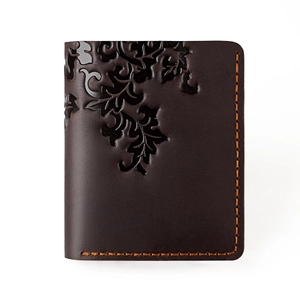 Vintage dark brown crazy horse leather wallet with floral embossing and yellow stitching