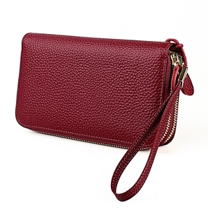 Burgundy litchi leather RFID wallet with double zipper and wrist strap for women