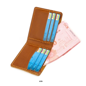 Detailed view of handmade crazy horse leather wallet with six card slots and cash pocket