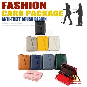Litchi pattern leather card holder detail with multi-color accordion slots and metal zipper