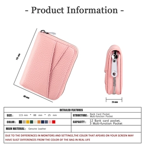 Pink genuine leather wallet dimensions 115x88x25mm with 12 card slots and zip closure