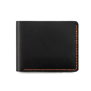 Detail of vintage black leather wallet featuring contrast orange stitching and retro style