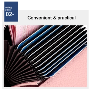 Pink lychee grain leather card holder with multi-slot accordion style and interior detail