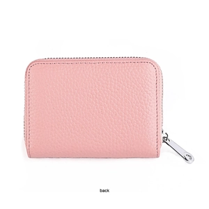 Rear view of pink pebble grain leather card holder with premium silver U-shaped zipper