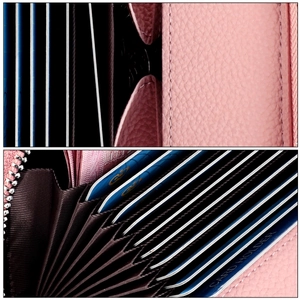 Pink lychee grain leather card holder with multi-slot accordion style and metal zipper