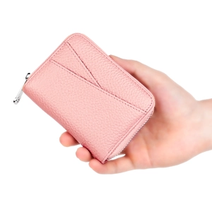 Card Holder Genuine Leather RFID Blocking Zip Around Cowhide Coin Purse Litchi Pattern Multi Slot Compact Wallet