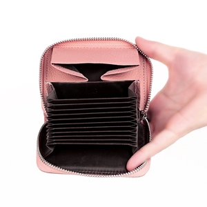 Pink genuine leather accordion card holder wallet with multiple slots and metal zipper