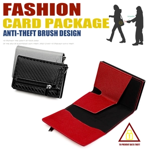Detail view of RFID blocking wallet with carbon fiber texture and secure zipper pocket