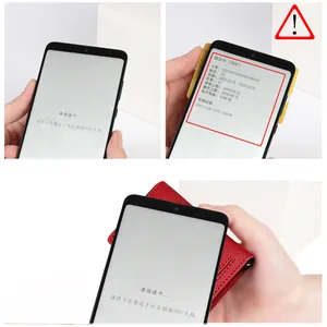 Detail view of red leather RFID-blocking wallet showing protection against card scanning