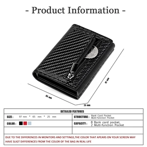 Detailed view of carbon fiber wallet showing zipper pocket and 8 card slot dimensions
