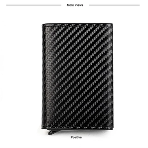 Macro view of minimalist black carbon fiber pop-up wallet with leather stitching