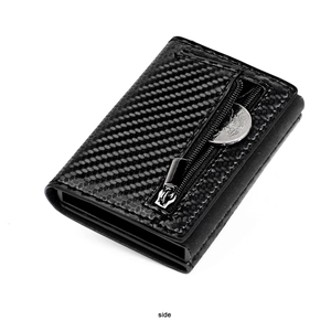 Detail view of the side zipper coin pocket on carbon fiber texture trifold wallet