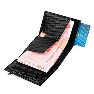 Slim carbon fiber wallet with automatic aluminum card ejector and cash clip in black