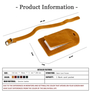 Detailed dimensions of the genuine crazy horse leather luggage tag with strap measurements