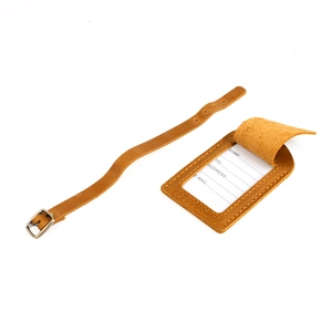 Vintage brown crazy horse leather luggage tag with adjustable strap and ID window