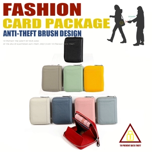 Detail view of multi-slot RFID blocking leather card holder showing internal structure