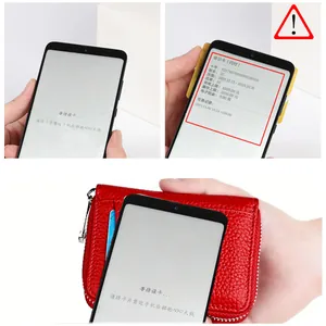 NFC and RFID protection test on red pebble grain leather wallet showing card data security