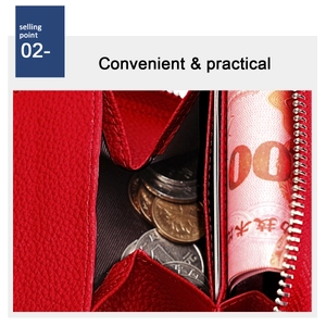 Detail view of red pebbled leather wallet featuring zipper coin pocket and bill compartment