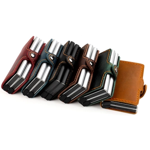 Porte-Cartes Automatique Pop-Up en Cuir de Vachette Vintage avec Blocage RFID Étui en Aluminium Portefeuille Minimaliste pour Hommes Femmes