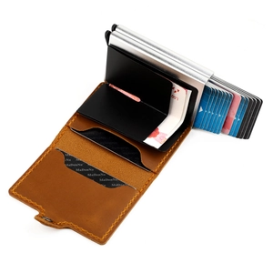 Porte-cartes automatique double couche en cuir crazy horse marron avec boîtier alu
