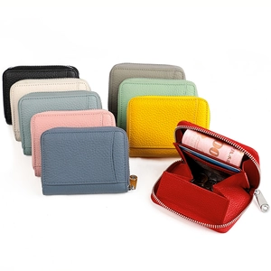 Genuine Cowhide Leather Card Holder RFID Blocking Zipper Coin Purse Lychee Pattern Small Wallet For Women Men