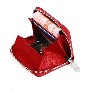 Red lychee pattern leather RFID wallet with multi-layer accordion coin and card storage