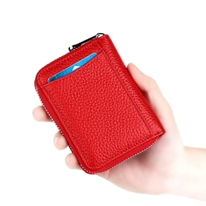 Red pebbled leather RFID wallet with card slot and silver zipper for men and women