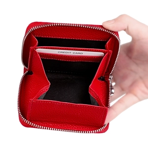 Red RFID leather coin purse with accordion card slots and silver zipper closure