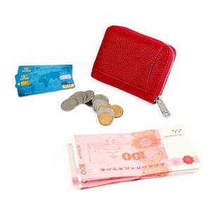 Red lychee grain leather RFID wallet for coins and cards with silver zipper closure