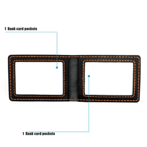 Close-up of black leather document holder with contrast orange stitching and clear card slots