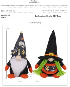 Detailed view of Halloween gnome couple decor with size dimensions in centimeters