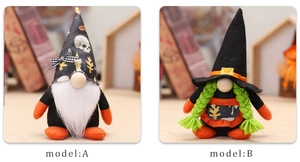 Detailed comparison of two plush Halloween gnomes with skeletal prints and pointed hats