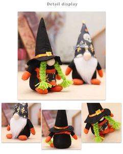 Close-up detail of Halloween forest gnome plush dolls with pointy hats and vibrant braids