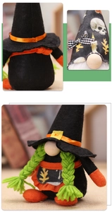 Detail view of Halloween gnomes featuring green braids and skull patterned pointed hats