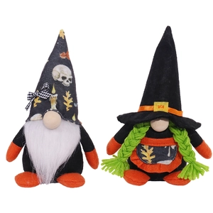 Set of two Halloween gnome plush dolls with pointy hats and classic holiday ornaments