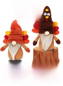 Detail of Thanksgiving turkey gnomes featuring knitted hats and faux fur beards