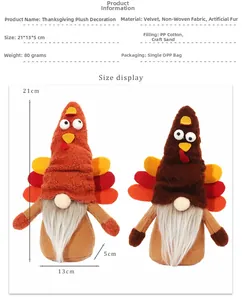 Detailed size display of plush Thanksgiving turkey gnome dolls with dimensions and materials