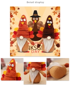 Detailed display of Thanksgiving turkey gnomes with knitted hats and faux fur beards
