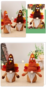 Macro detail of Thanksgiving turkey gnomes with autumn colored feathers and felt textures