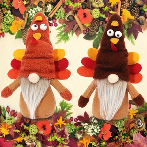 Set of two Thanksgiving Turkey Gnome plush dolls with colorful felt feathers and autumn decor