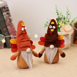 Pair of Thanksgiving turkey gnomes with colorful feathers for autumn home table decor