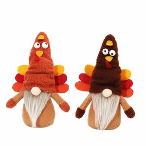 Pair of plush Thanksgiving turkey gnomes with colorful tail feathers on white background
