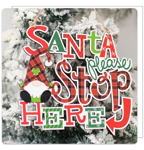 Close-up of Santa Stop Here wooden ornament with buffalo plaid gnome and rustic hemp rope